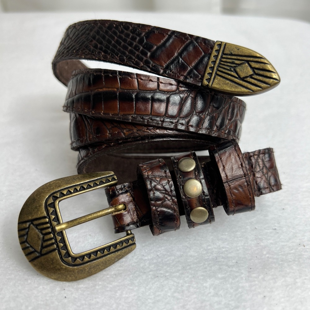 Lovestrength Brown Croc‎ Embossed Leather Western Belt Studded Brass Buckle P/S